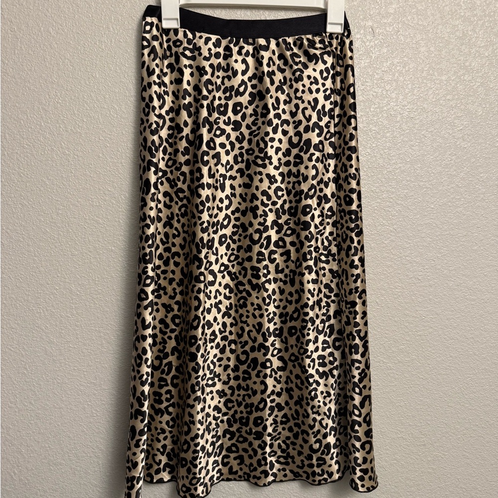 Leopard Print Satin Midi Skirt - Beige and Black